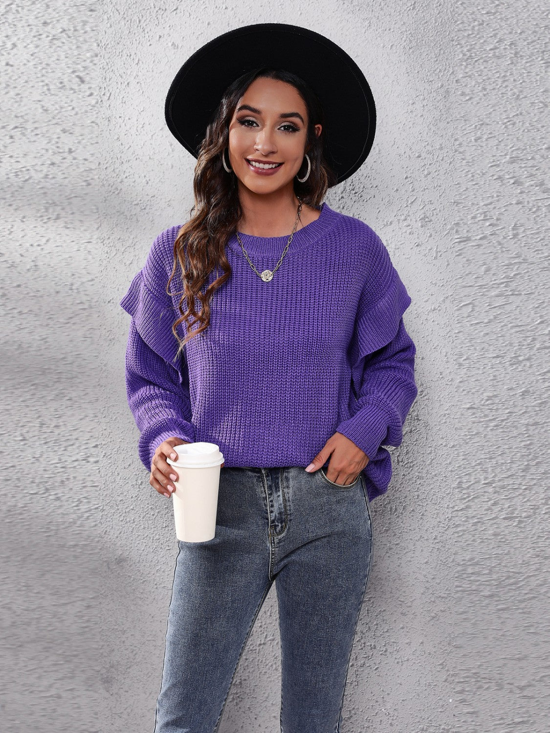 Ruffled Round Neck Dropped Shoulder Sweater Violet