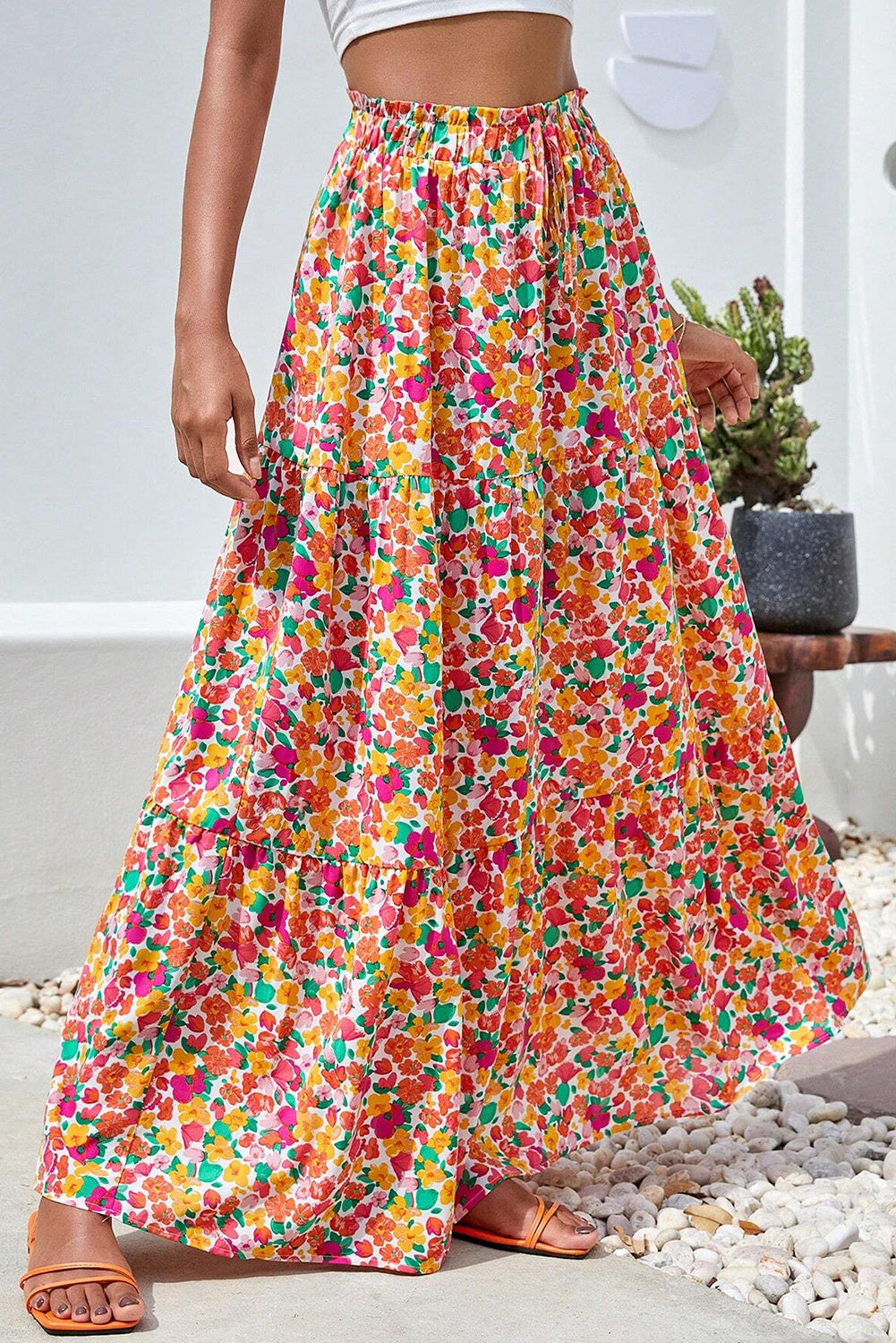 Yellow Boho Floral Print Tiered Long Skirt