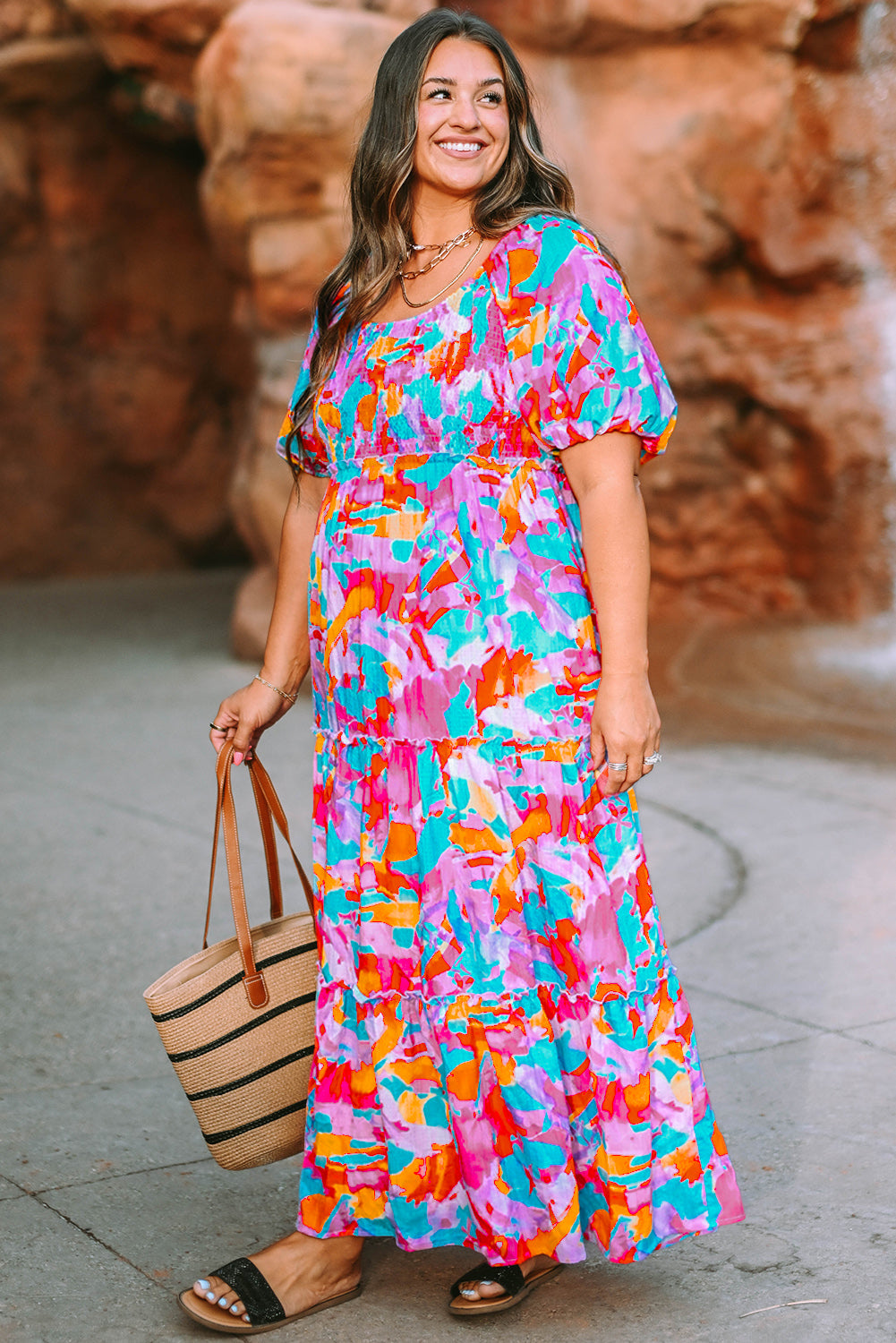 Multicolour Plus Size Floral Smocked Puff Sleeve Maxi Dress