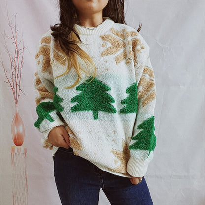 Snowflake Round Neck Long Sleeve Sweater Cream