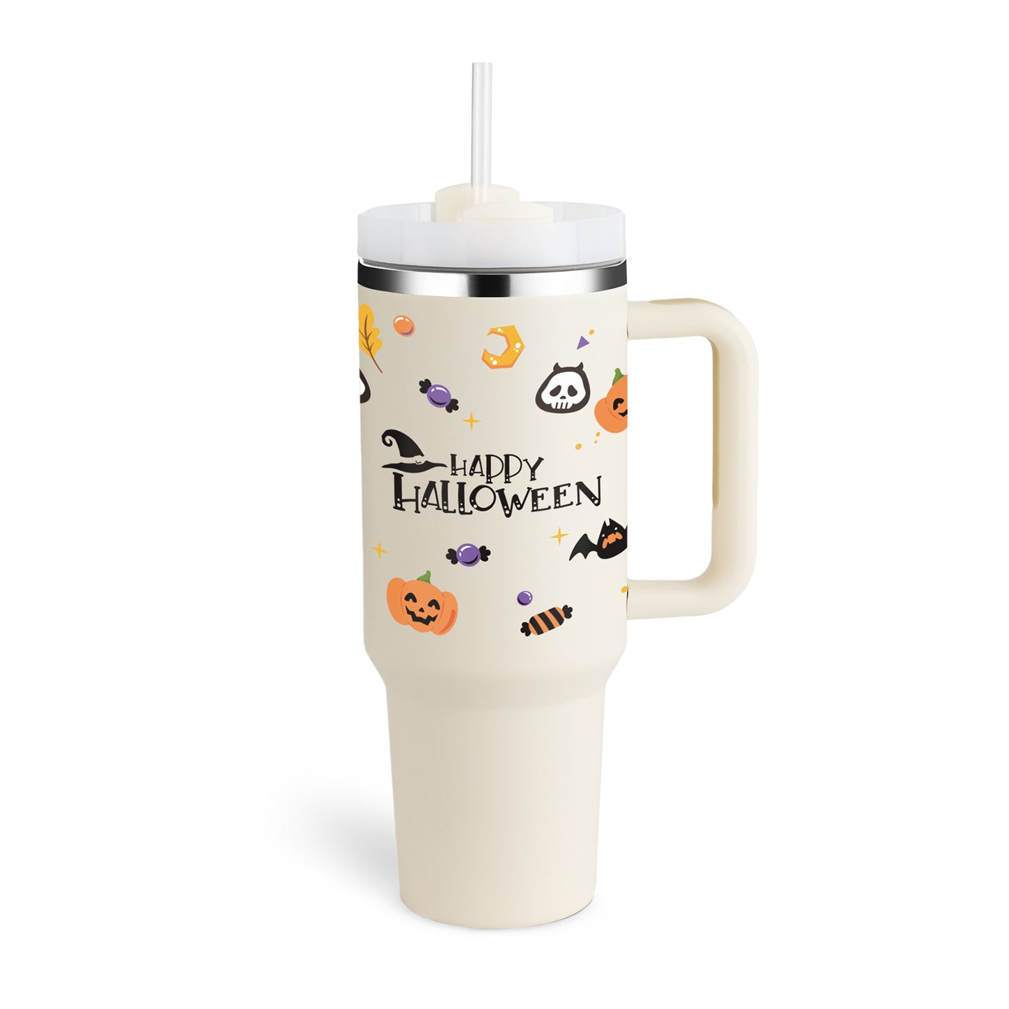 40 Oz Tumbler With Handle Straw Insulated, Stainless Steel Spill Proof Vacuum Coffee Cup Tumbler With Lid Tapered Mug Gifts For Valentine Lover Suitable For Car Gym Office Travel Halloween Cream white 1200ML