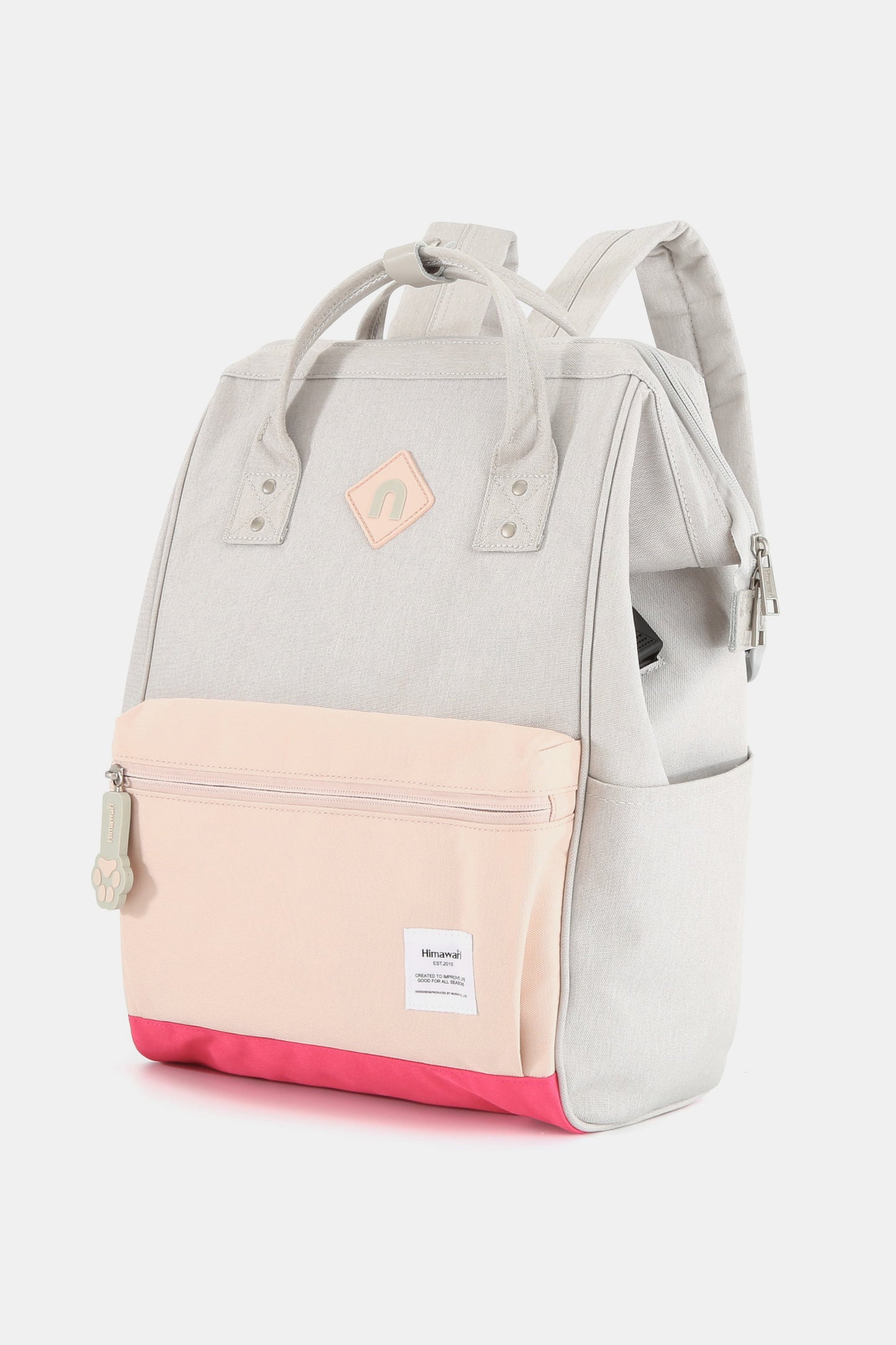 Himawari Contrast Waterproof Backpack Bag with External USB Port Light Grey Pink One Size