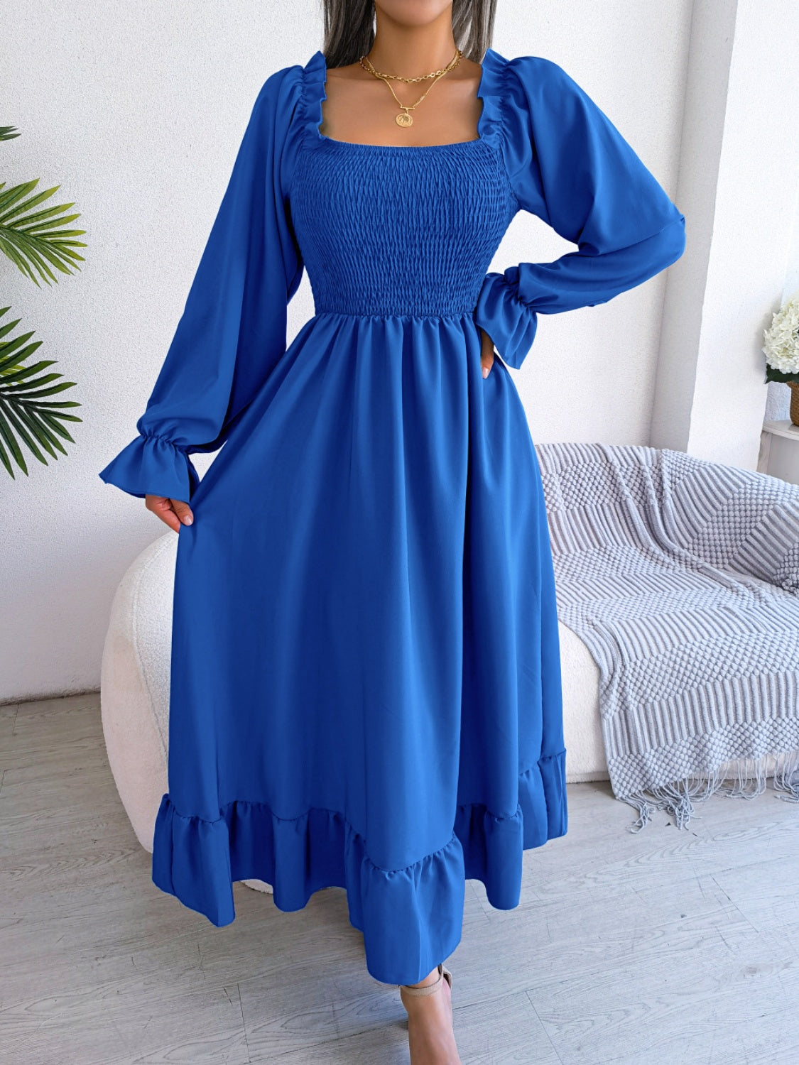 Smocked Square Neck Flounce Sleeve Dress Royal Blue