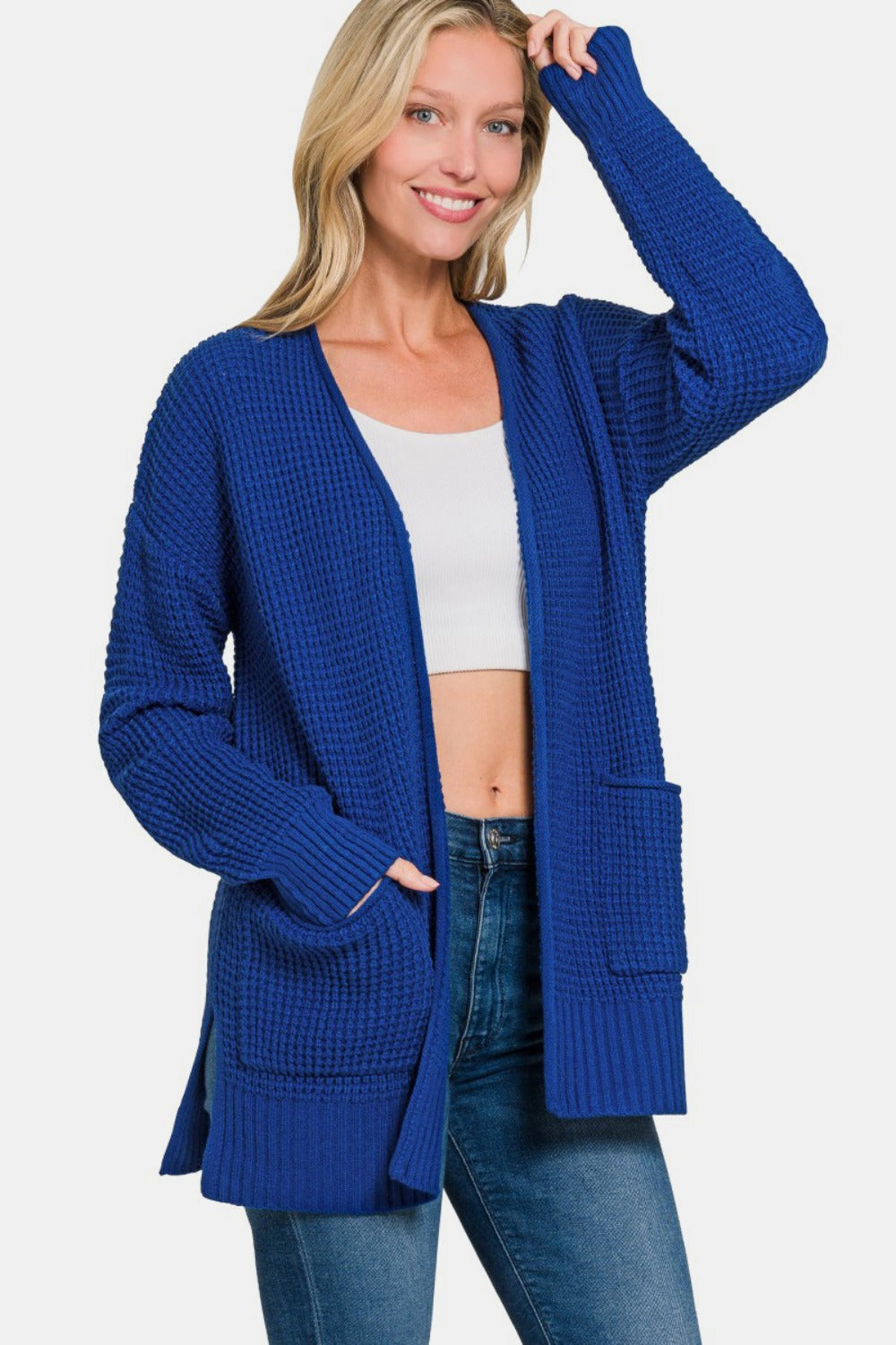 Zenana Waffle Open Front Sweater Cardigan LT Navy