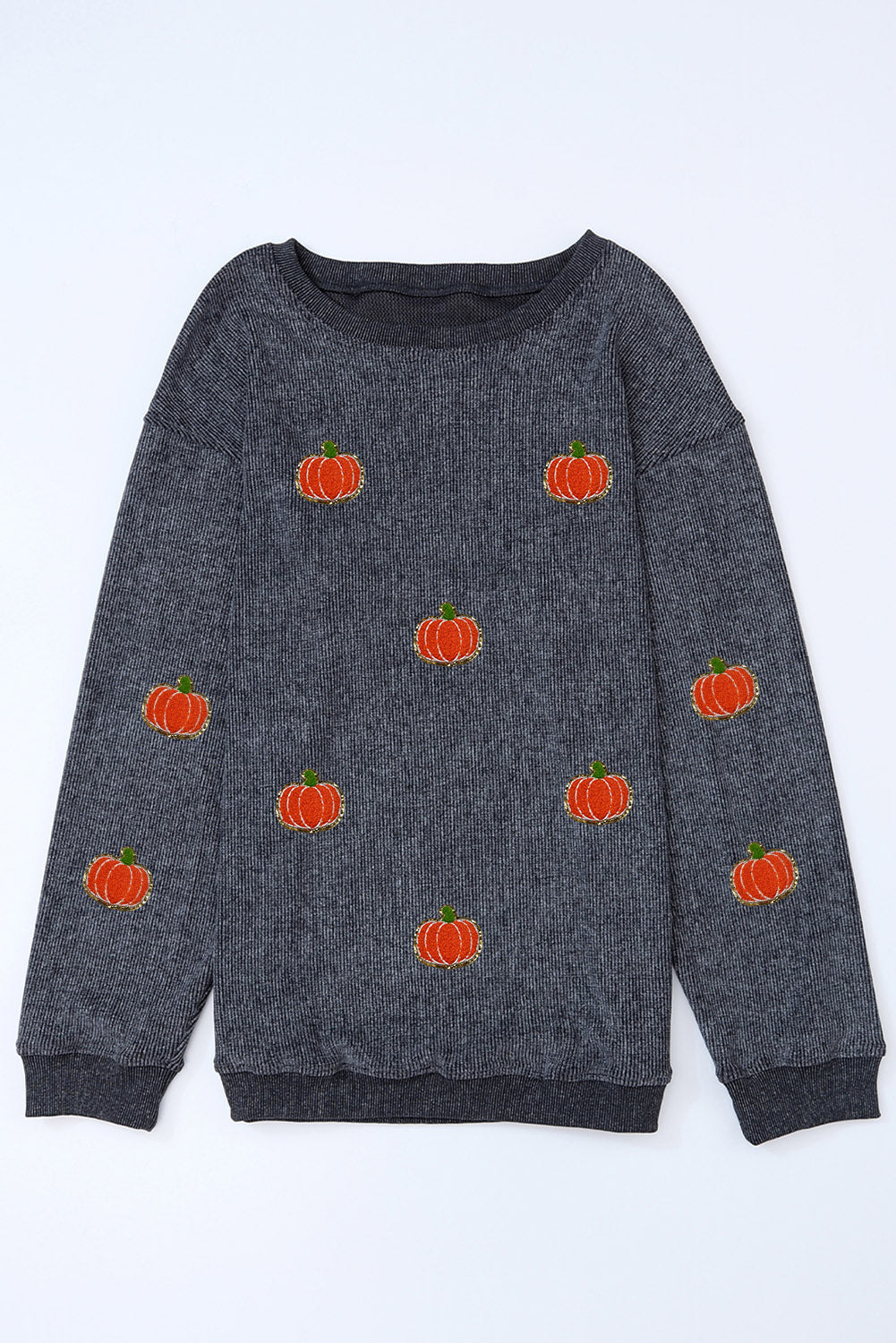 Gray Halloween Pumpkin Graphic Drop Shoulder Ribbed Sweatshirt