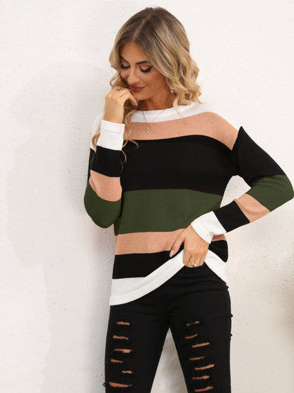 Striped Round Neck Dropped Shoulder Sweater