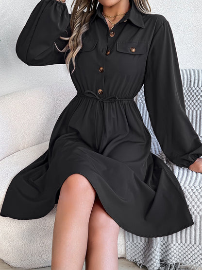 Collared Neck Long Sleeve Dress with Pockets Black