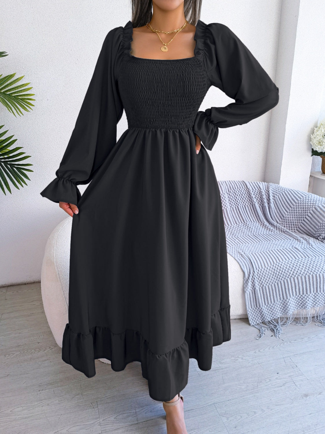 Smocked Square Neck Flounce Sleeve Dress Black