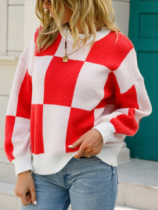 Checkered Round Neck Dropped Shoulder Sweater Red