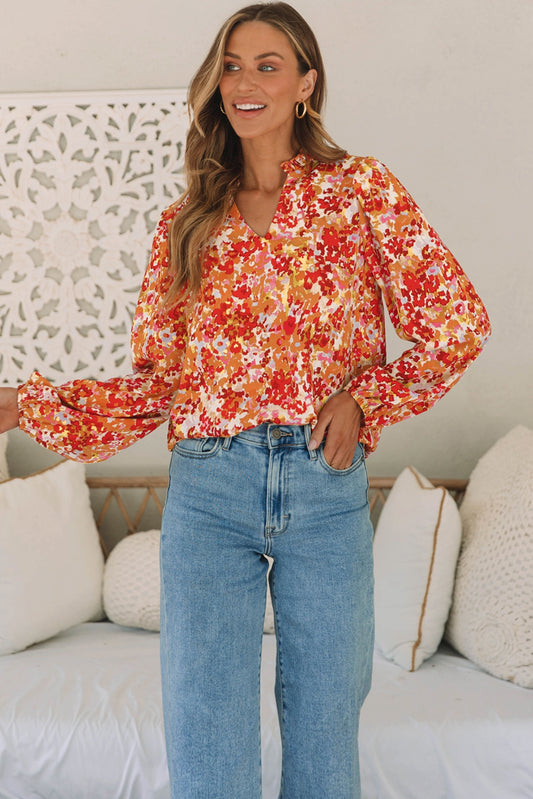 Floral Notched Balloon Sleeve Blouse Caramel