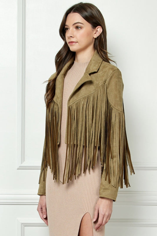 Veveret Suede Fringe Long Sleeve Moto Jacket OLIVE