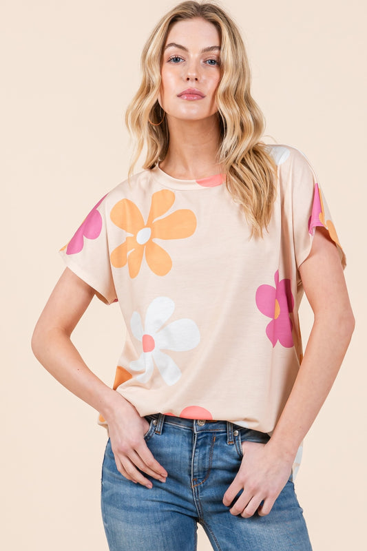 BOMBOM Floral Short Sleeve T-Shirt Beige