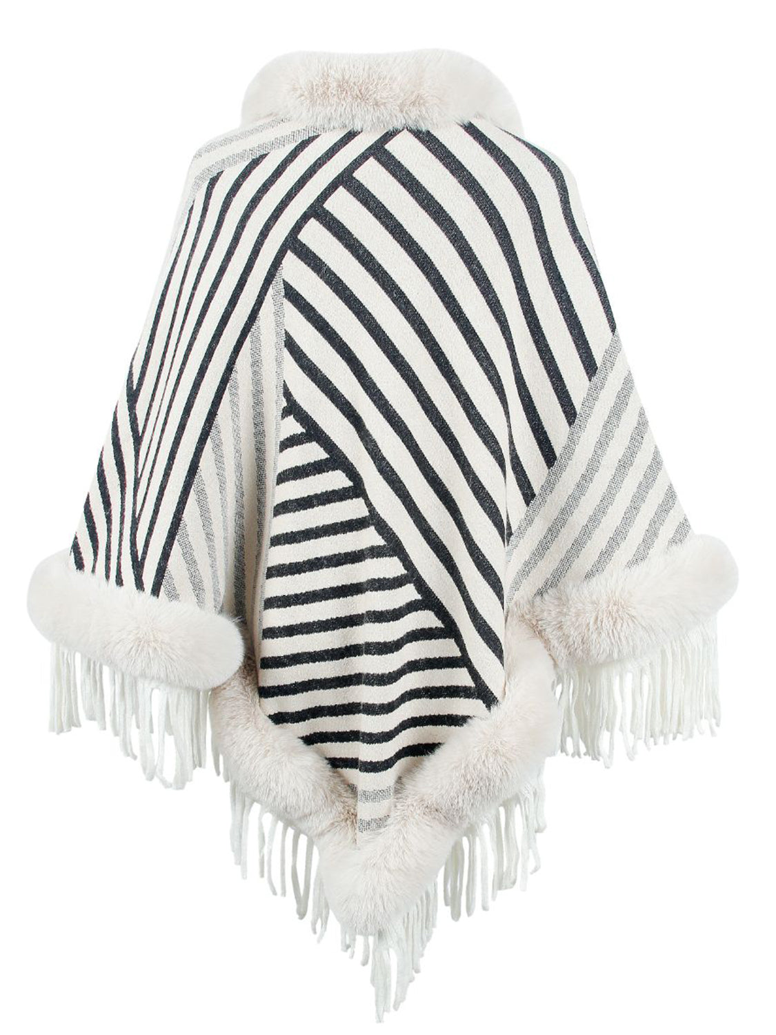 Striped Fringe Hem Poncho - Thandynie