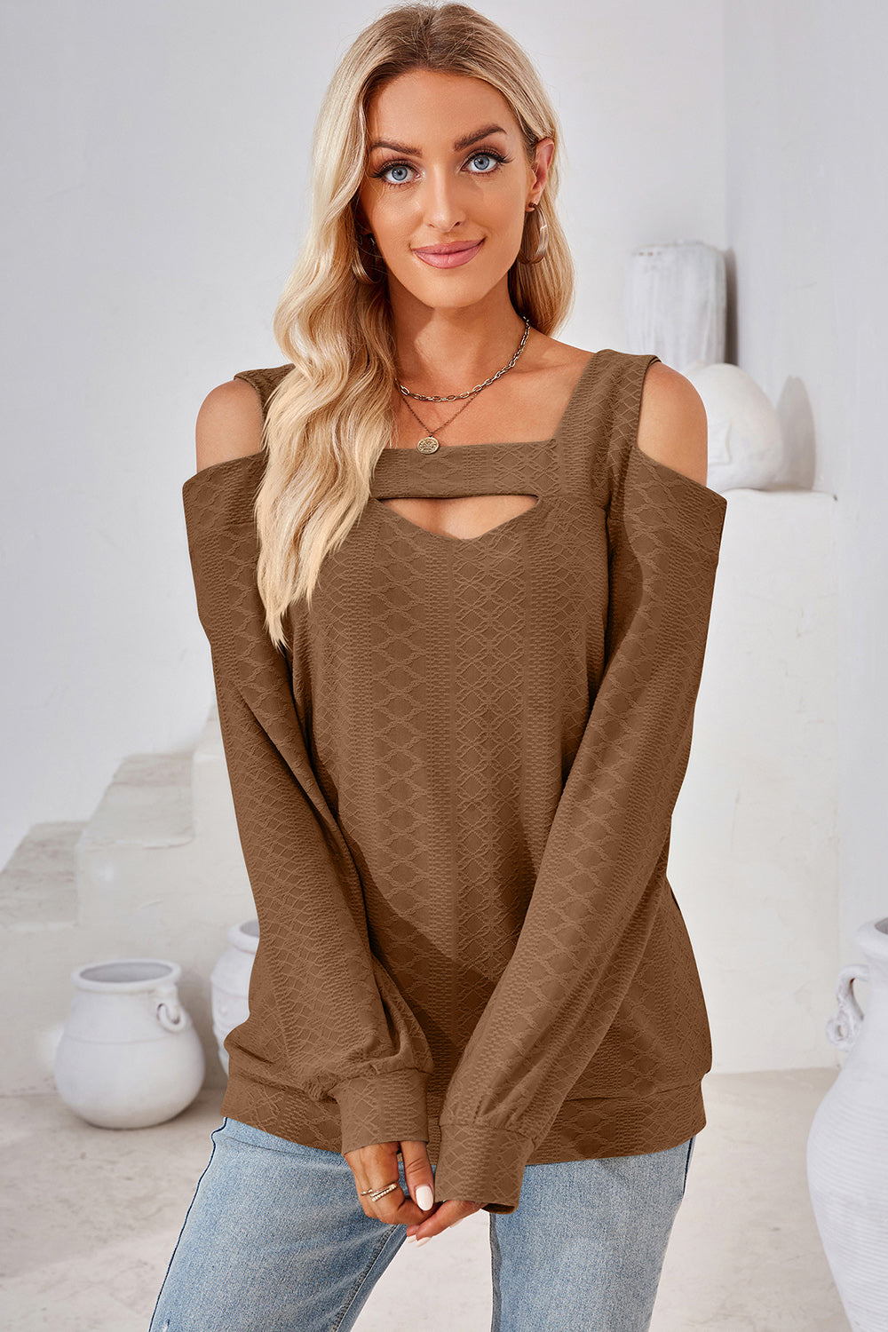 Cutout Square Neck Cold Shoulder T-Shirt Brown