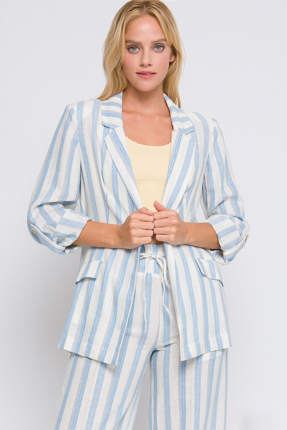 Love Tree Linen Woven Striped Blazer Blue