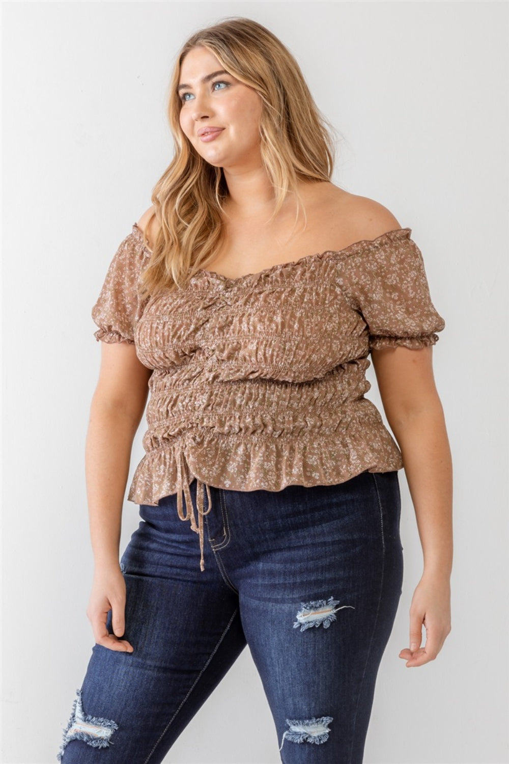 Zenobia Plus Size Frill Ruched Off-Shoulder Short Sleeve Blouse - Thandynie