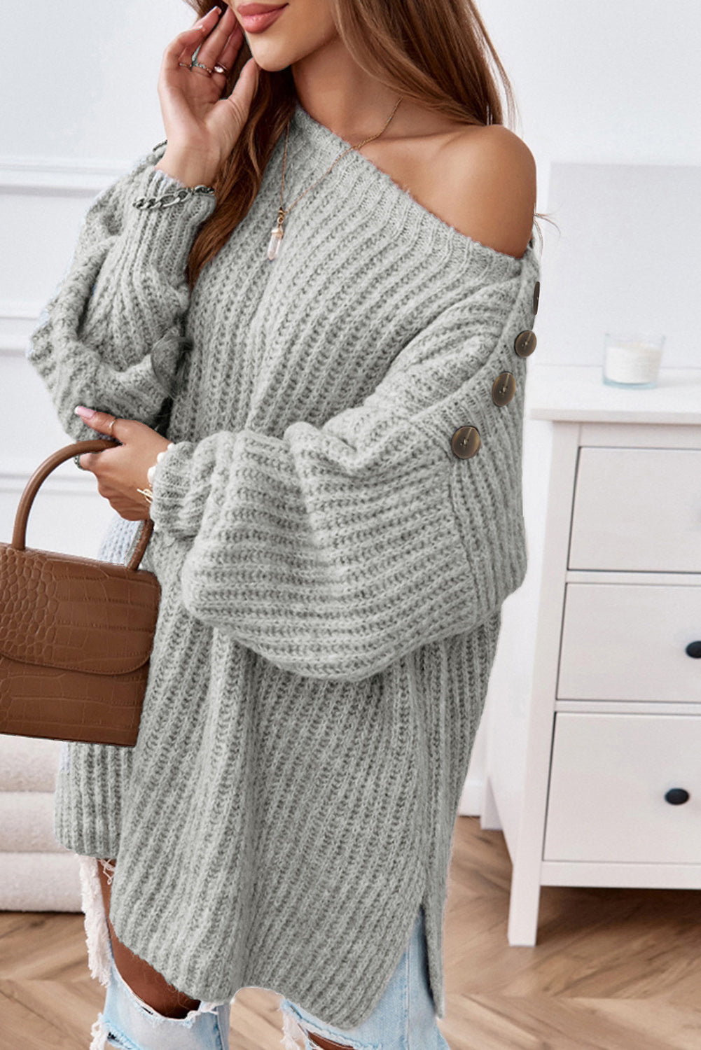 Buttoned Boat Neck Slit Sweater Light Gray