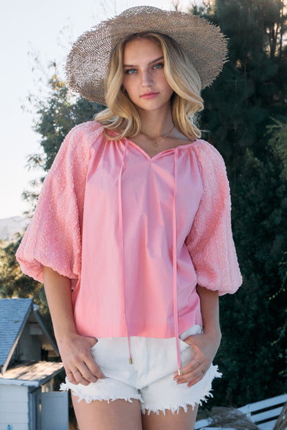 ODDI Full Size Poplin Bubble Sleeve Blouse Pink