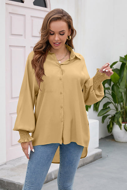 High-Low Collared Neck Lantern Sleeve Shirt Khaki