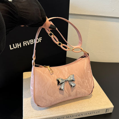 Bow PU Leather Shoulder Bag Blush Pink One Size