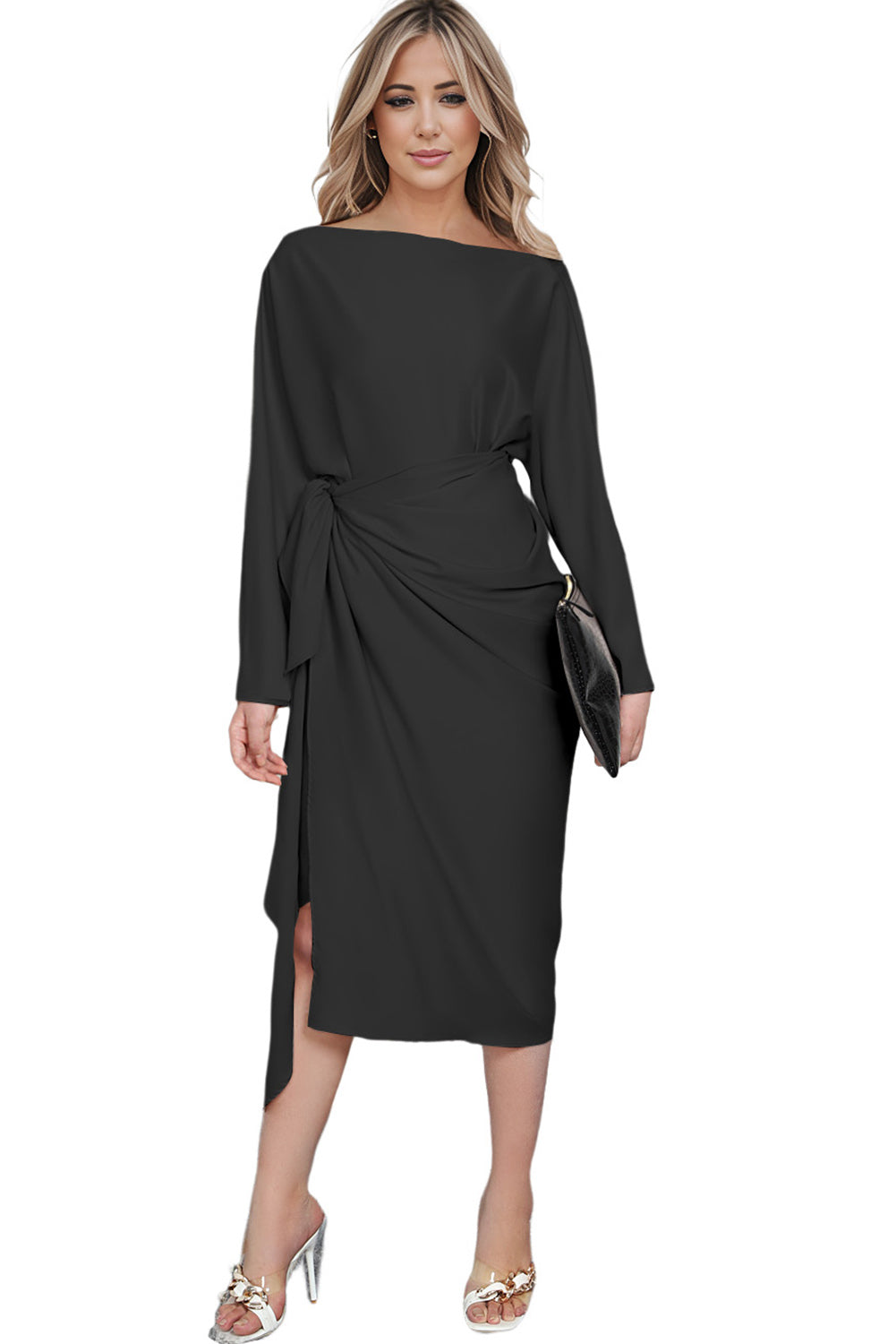 Boat Neck Long Sleeve Twisted Midi Dress