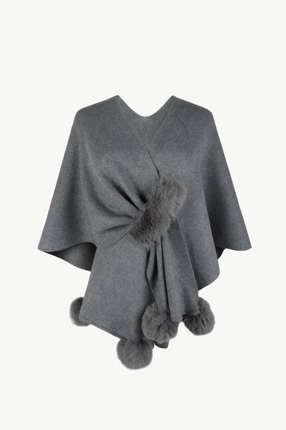 Surplice Neck Pom-Pom Trim Poncho Charcoal One Size