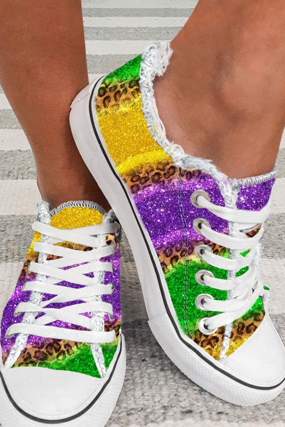 Multicolor Leopard Color Block Lace-up Canvas Shoes Multicolor 100%PVC