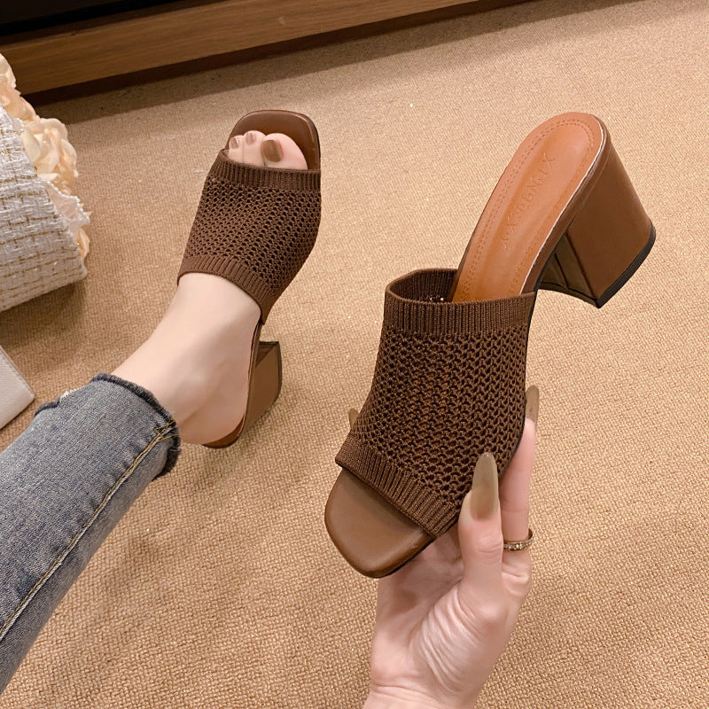 Block Heel Knit Sandals Brown