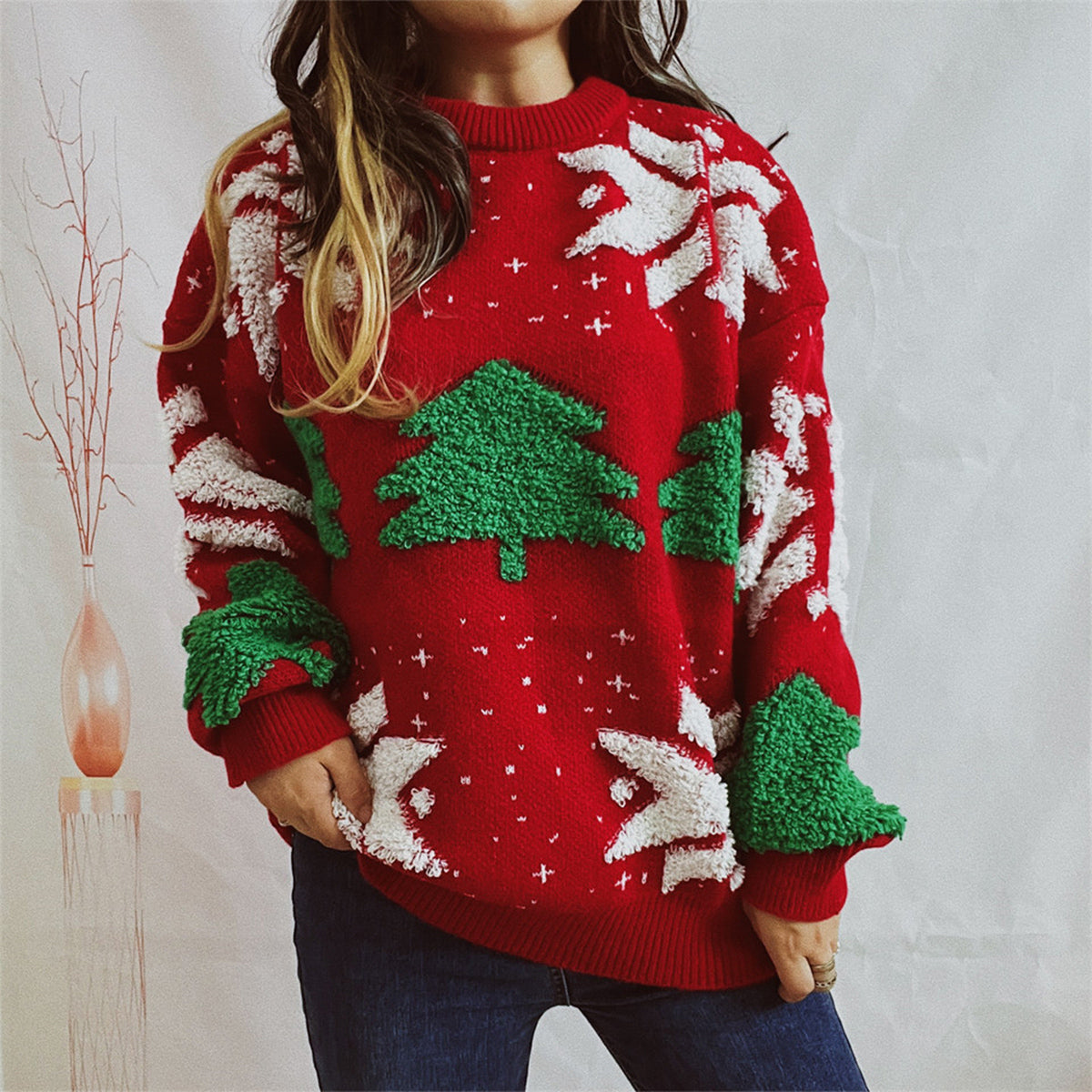 Snowflake Round Neck Long Sleeve Sweater Red