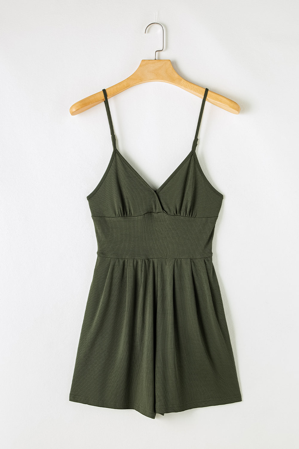 Moss Green Spaghetti Straps Cinched Waist Ribbed Romper