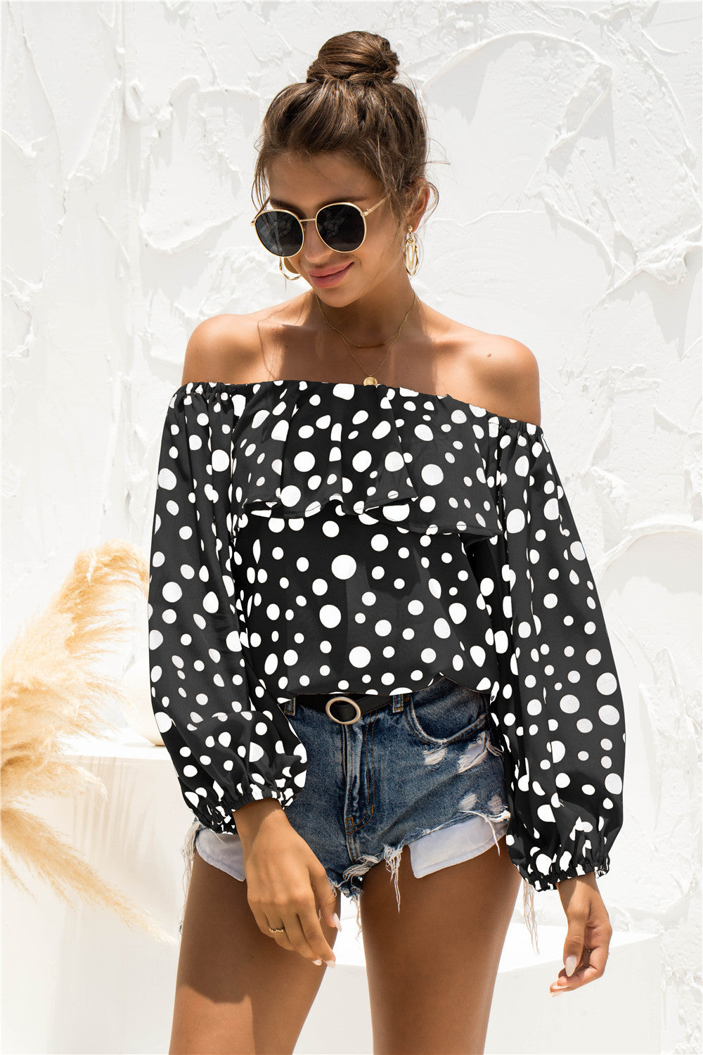 Polka Dot Off-Shoulder Layered Blouse - Thandynie