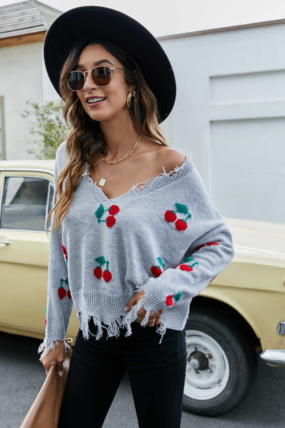 Cherry Pattern Frayed Trim V-Neck Sweater Gray