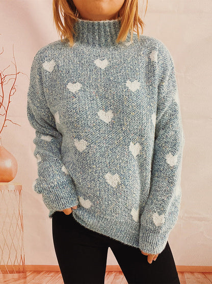 Heart Heathered Turtleneck Drop Shoulder Sweater Misty Blue One Size