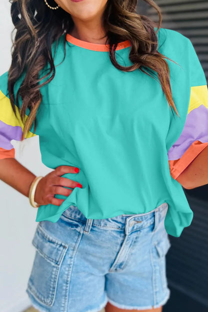 Color Block Round Neck Half Sleeve T-Shirt Teal