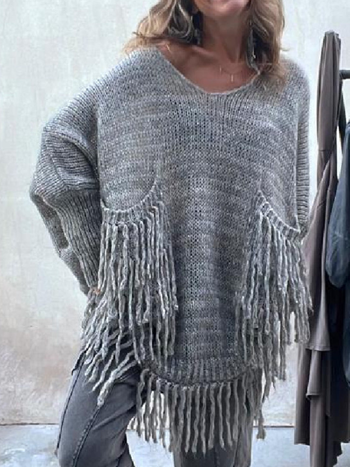 Fringe Detail Long Sleeve Sweater with Pockets Dark Gray