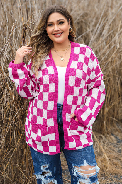 Bonbon Checkered Pattern Open Front Plus Size Cardigan Bonbon 55%Acrylic+45%Cotton