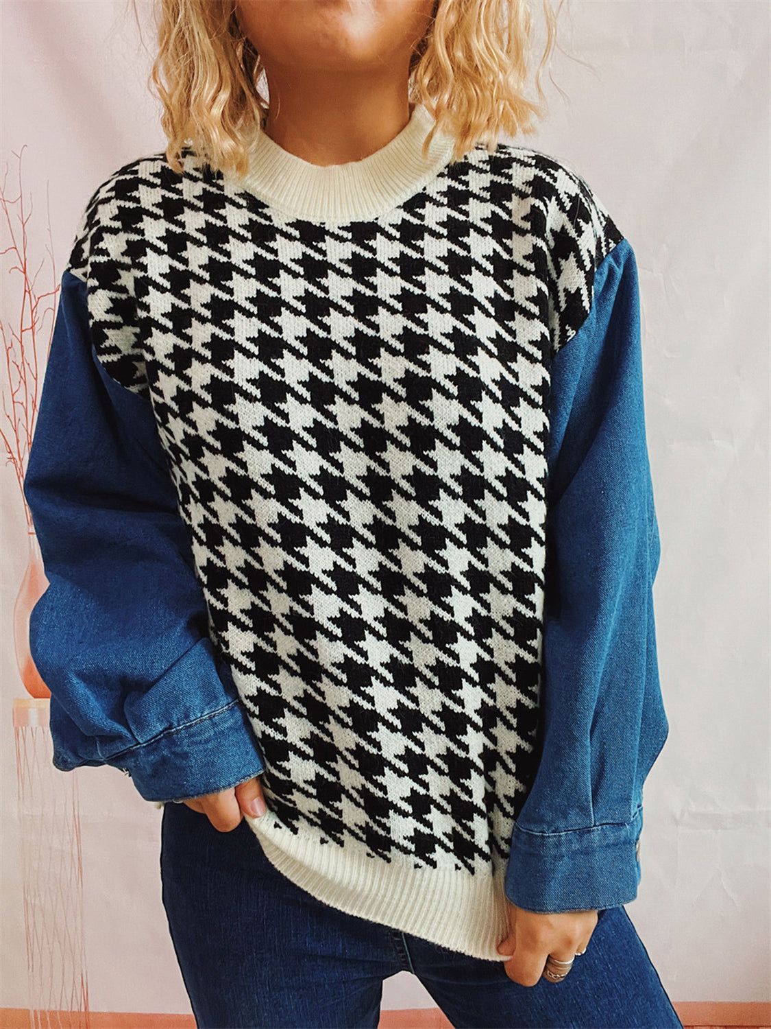 Houndstooth Denim Sleeve Sweater White