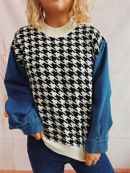 Houndstooth Denim Sleeve Sweater White