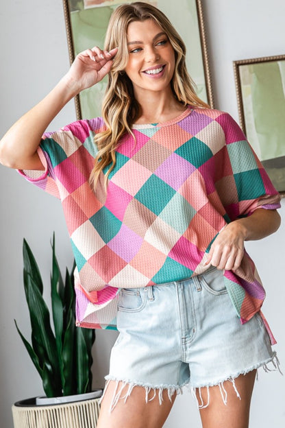 HOPELY Full Size Multi Colored Argyle Side Slit T-Shirt Multi Color