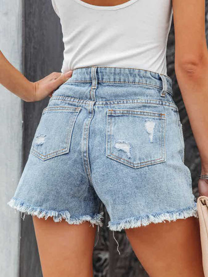 Distressed Fringe Denim Shorts with Pockets Light