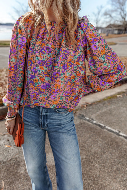 Purple Floral Allover Print Shirred Cuff Frilled O Neck Blouse