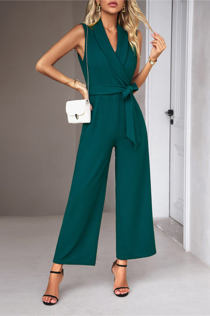 Tie Waist Shawl Collar Sleeveless Jumpsuit Dark Green