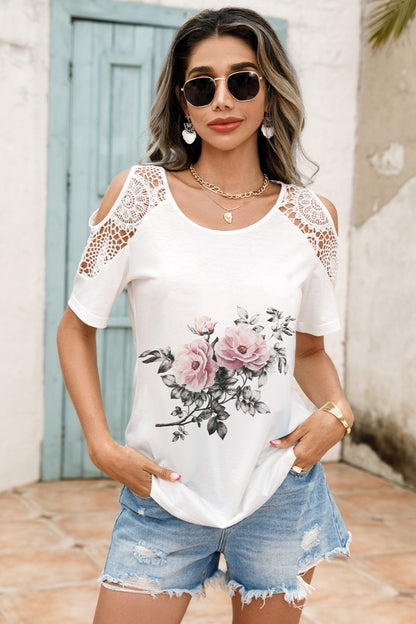 Lace Detail Round Neck Cold Shoulder Blouse style D