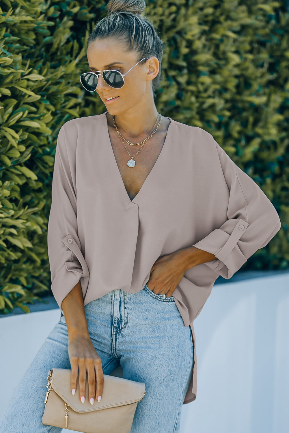 V-Neck Roll-Tab Sleeve Blouse