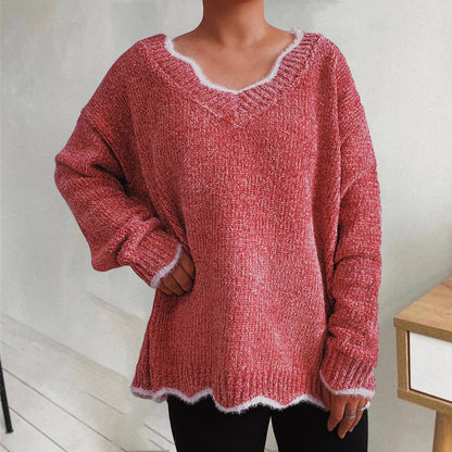 V-Neck Drop Shoulder Long Sleeve Sweater Coral