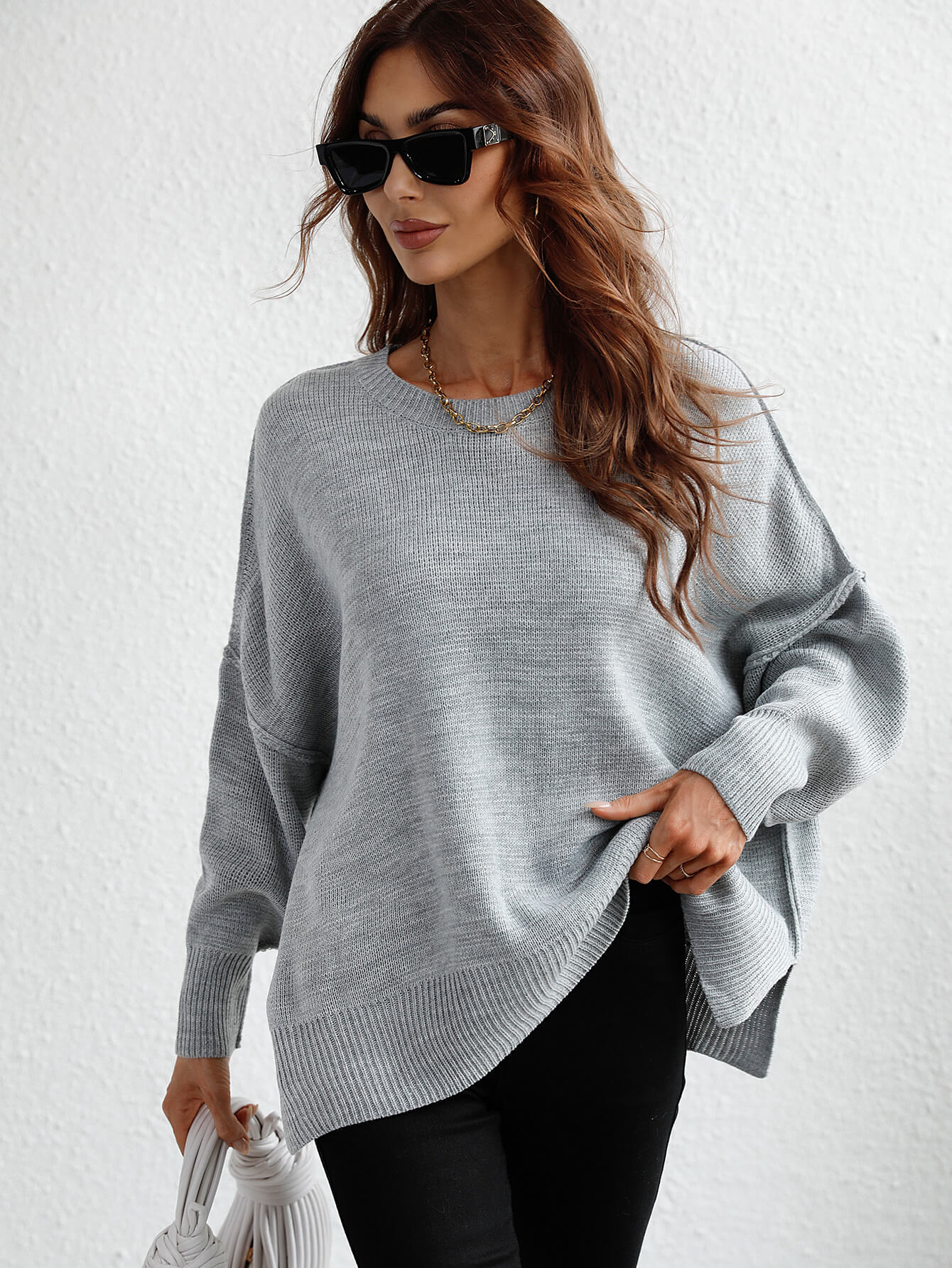 Exposed Seam Dropped Shoulder Slit Sweater Gray