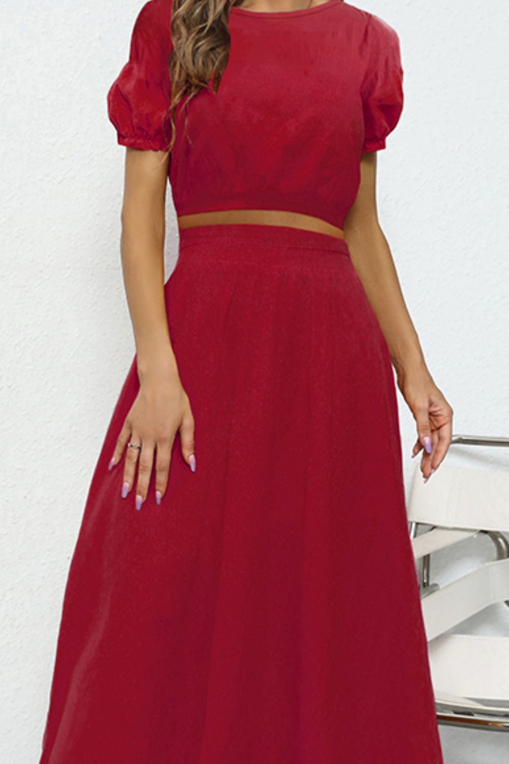 Puff Sleeve Crop Top and Maxi Skirt Set - Thandynie