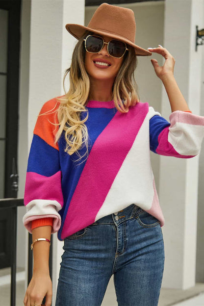 Color Block Round Neck Long Sleeve Sweater Hot Pink