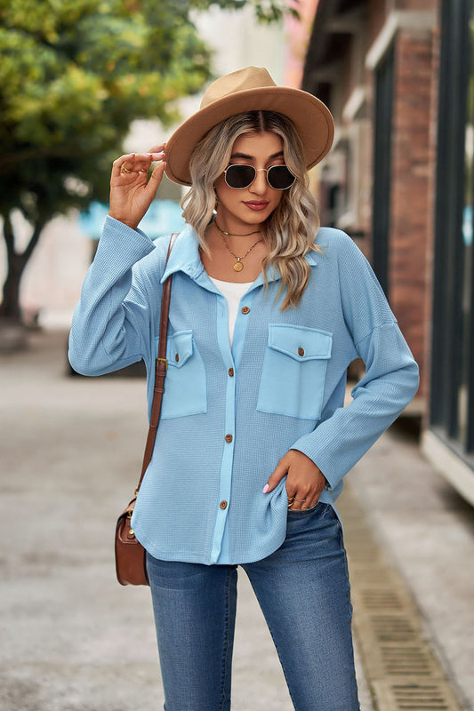 Button Up Collared Neck Long Sleeve Shirt Pastel Blue