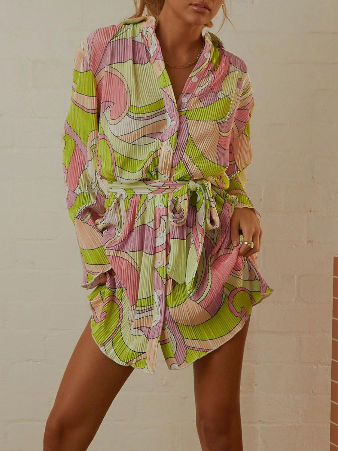 Tied Button Up Long Sleeve Dress Lime